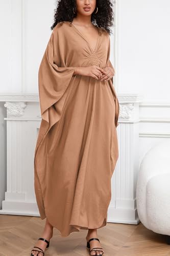 Vestido caftán bohemio monocolor de talla única holgada y bata ligera suave 6