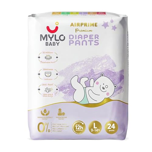 Mylo Baby AirPrime Premium Diaper Pants Large (L) Size (9–14 kgs) (24 Count) Leak Proof | Ultra-Thin & Breathable | Up to 12 Hours Protection | No Rashes