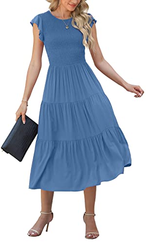 Grecerelle Women's Summer Casual Short Flutter Sleeve Round Neck Smocked Waist Tiered Boho Floral Flowy Maxi Dress Blue #TOP6