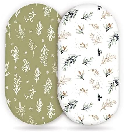 Stretchy Ultra Soft Fitted Bassinet Sheets Set 2 Pack, Cradle Sheet Universal Fit for Rectangle, Oval or Hourglass Bassinet Pad/Mattress Safe and Snug, Stylish Watercolor Flora and Olive