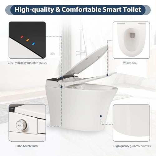 Inodoro inteligente de una pieza, asiento calefactado con sensor para pies, sin depósito ni bidé, luz nocturna azul, descarga en caso de apagón, tapa de cierre suave, blanco miniatura 4