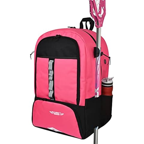Exxact Sports Lacrosse Bag with Two Stick Holders, and Separate Cleats Compartment | Field Hockey Equipment Bag | Lacrosse Bag Backpack | Field Hockey Bags | Lacrosse Stick Bag | Youth & Adult (Pink) Cover