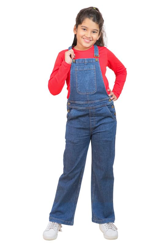 Image of Tweeny Mini Girls Pure Cotton Denim Dungaree With T-Shirts for Kids | Relaxed Fit Full Length Overall Outfit with Pockets | Adjustable Straps