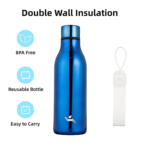 Image of Konokyo Insulated Water Bottle with Strap,18 oz Double Wall Stainless Steel Vacuum Bottles Metal Water Flask,Shining Blue