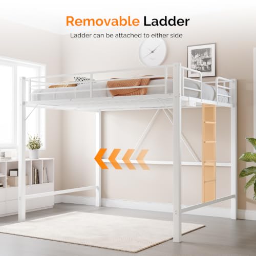 Image of VINGLI Loft Bed Queen Size with Charging Station and LED Lights,Safety Guardrail and Stair for Teens /Adults, No Box Spring Needed, Heavy Duty Metal Support Slat, White