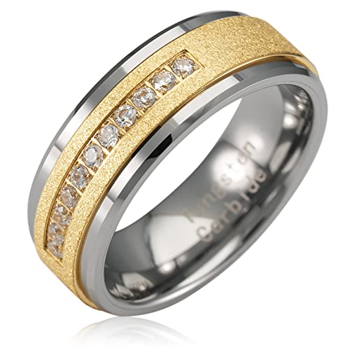 100S JEWELRY Men's 14k Gold Sandblast Bling Tungsten Ring with Cubic Zirconia CZ Perfect Band for Wedding Engagement Promise and Everyday Wear