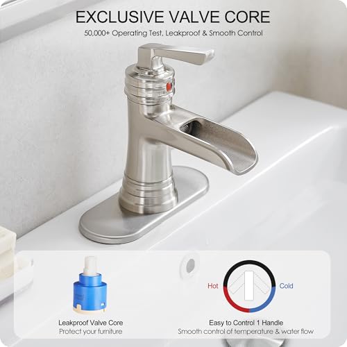 HEYMYTAP Brass Brushed Nickel Bathroom Faucet 3 Hole 4 Inch Waterfall Bathroom Faucet Single Hole, 1 Handle with Pop-up Drain, Deck Plate, cUPC Supply Pipes for Vanity, Restroom, 5 Mins Quick Install by HEYMYTAP - Used condition - Image 3