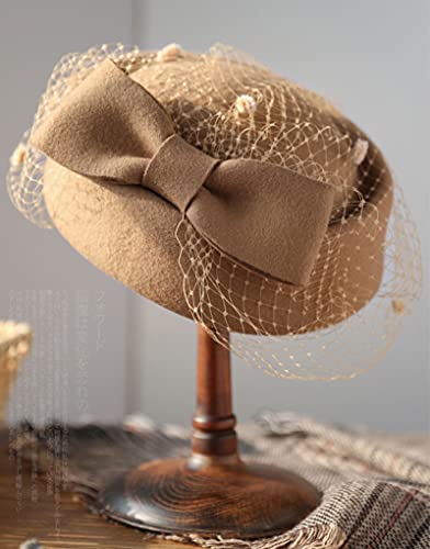 Oridoor British Style Pillbox Hat Women Church Wedding Winter Vintage Fascinator Beret 100% Wool Felt Hat With Veil (001 Khaki) … thumb #3