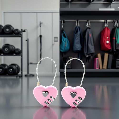 Image of 2Pcs Pink Combination Lock, 3 Digit Heart Shaped Wire Rope Padlock for School Gym Locker, Sports Locker, Fence, Toolbox, Case, Hasp Storage Combination Padlocks