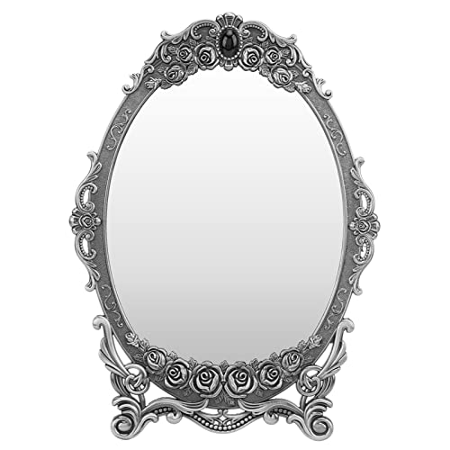 Cyrank Vintage Oval Floral Makeup Mirror, Metal Tabletop Mount, Retro Desktop Personal Makeup Mirror, Antique Pewter
