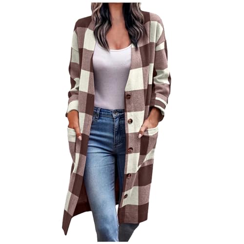 Mujer Talla Grande Chaqueta larga para mujer, gabardinas a cuadros, chaquetas con botones y cálidos para invierno, prendas de vestir informales con bolsillos Broche Zapato (Brown, XL)