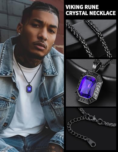 Image of ChainsHouse Viking Rune Pendant Necklace for Men Women, Punk Biker Black Metal /316L Stainless Steel Onyx Norse Vintage Amulet Necklaces with Black /Red /Green /Blue Gemstone, Send Gift Box