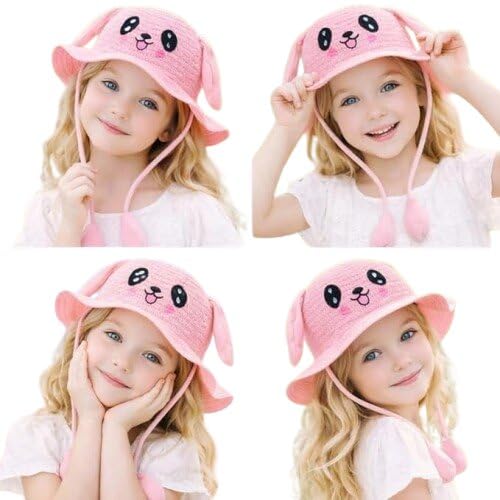 Image of FabSeasons Kids Cute Straw Sun Hat with Moving Ears (Ages 4-8 Years) | UV Protection, Wide Brim, Foldable, Beach Bucket Cap | Girls & Boys Breathable Summer Sun Hat with Inner Adjustable String