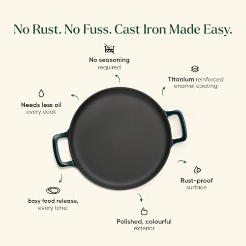 Image of Ember Cookware TitaniumClad Enamel Cast Iron Tawa for Dosa 30 cm | 10-Year Warranty | Rust-Proof Cast Iron Tawa for Roti & Dosa | Non Stick Dosa Tawa | Heavy Duty Induction Cookware | Teal