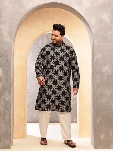Image of SOJANYA Plus (Since 1958) Men's Printed Cotton Linen Kurta With White Pyjama