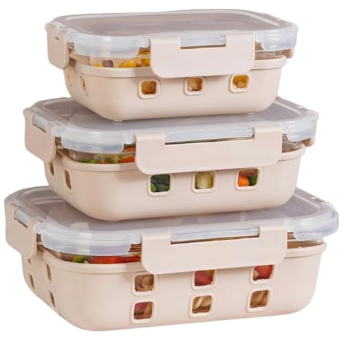 Image of Nestasia Gripso Glass Containers Set of 3 with Silicone Sleeve & Locking Lid (370ml, 600ml, 1000ml), Rectangle Food Storage Containers for Kitchen | Microwave, Dishwasher & Freezer Safe (Beige)
