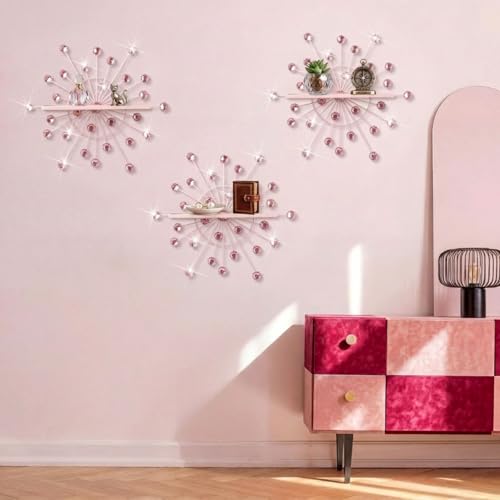 Image of Yaocom 3 Pcs Bling Crystal Floating Shelves Metal Starbursts Wall Decor Folding Shelf Pink Corner Shelves Hanging Wall Mounted for Storage Bedroom Bathroom Living Room Kitchen Office Home Decoration