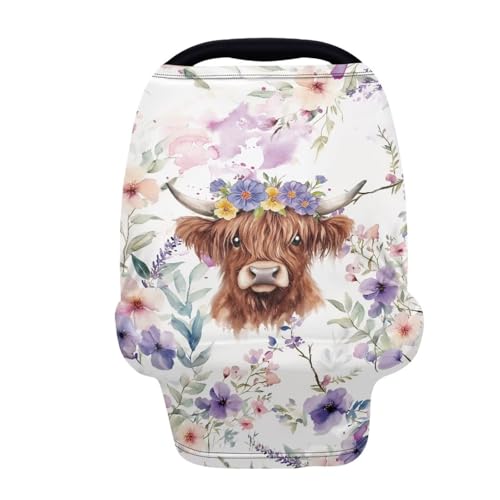 Image of Wanyint Highland Cow Floral Violet Car Seat Covers Baby Car Canopy Shopping Cart Cover Scarf Lightweight Stroller Cover Women Mother Nursing Breastfeeding Covers