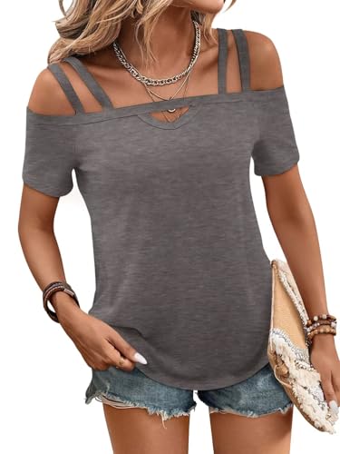 Image of Bliwov Womens Cold Shoulder Tops Short Sleeve Cute Sexy Summer Spring Beach Vacation T Shirts Fashion Outfits Basic Clothes