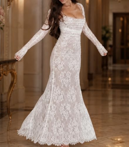 Image of Women Vintage Cream Lace Maxi Dress Romantic Long Sleevees Lace Bodycon Dress
