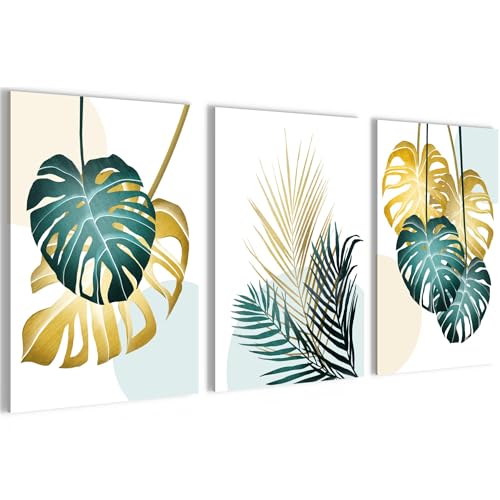 Novart Tableaux Decoration murale Feuilles Plantes Vert Or - PAS DE CADRE NÉCESSAIRE - Salon Chambre Couloir XXL - N029636a