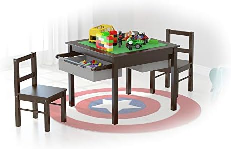 UTEX Wooden 2 in 1 Kids Construction Play Table and 2 Chairs Set with Storage Drawers, and Built in Plate Compatible with Lego and Duplo Bricks (Espresso with Grey Drawer)