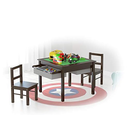 UTEX Wooden 2 in 1 Kids Construction Play Table and 2 Chairs Set with Storage Drawers, and Built in Plate Compatible with Lego and Duplo Bricks (Espresso with Grey Drawer)