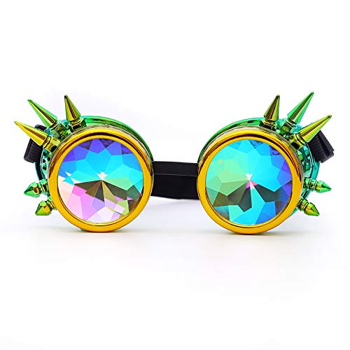 DPLUS Kaleidoscope Goggles - Steampunk Goggles with Spike Prism Steampunk Cyber Real Crystal Rainbow (Green-Gold) DPLUS Kaleidoscope Goggles - Steampunk Goggles with Spike Prism Steampunk Cyber Real Crystal Rainbow (Green-Gold)