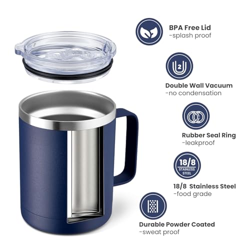 Image of MEWAY 12oz Coffee Mug With Handle and Sliding Lid,Stainless Steel Travel Tumbler Cup with Handle,Double Wall Vacuum Insulated Camping Cup for Hot & Cold Drinks Tea (Navy,Set of 1ia€