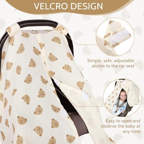 Image of Car Seat Cover Baby Girls Boys, Summer Cotton Baby Car Seat Cover for Carseat, Comfortable Muslin Nursing Cover, Soft Baby Blanket, Breathable Lightweight Infant Stroller Canopy, Cute Bear