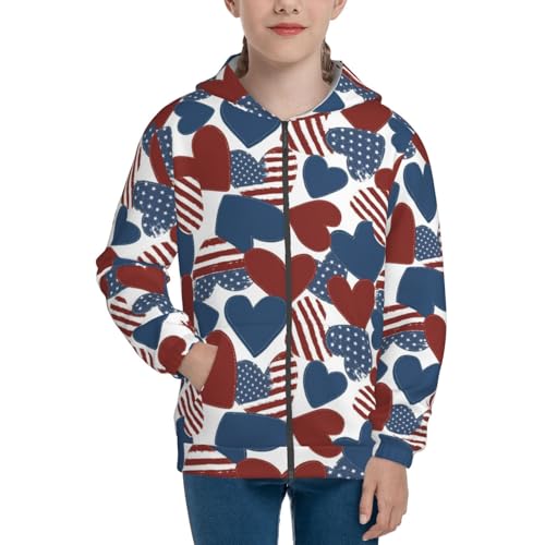 American Flag Heart Symbol Kids Pullover Hoodies Boys Zip Up Sweatshirts Girls Athletic Clothes with Pocket3