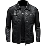 Maiyifu-GJ Herren-Motorradjacke im Vintage-Stil, mit Reißverschluss, langärmelig, PU, Revers, leicht, schmale Passform, Schwarz, 4X-Large