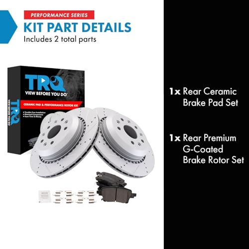 Image of TRQ Performance Rear Brake Pad and Rotor Set Ceramic Coated Drilled Slotted Rotors Compatible with 2020-2023 Jeep Gladiator 2021-2022 Wrangler