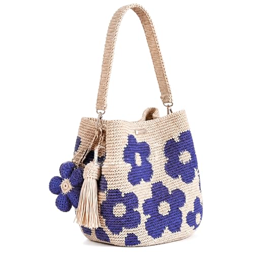 Sac cabas au crochet fleuri pour femme - Violet fait main avec pompons