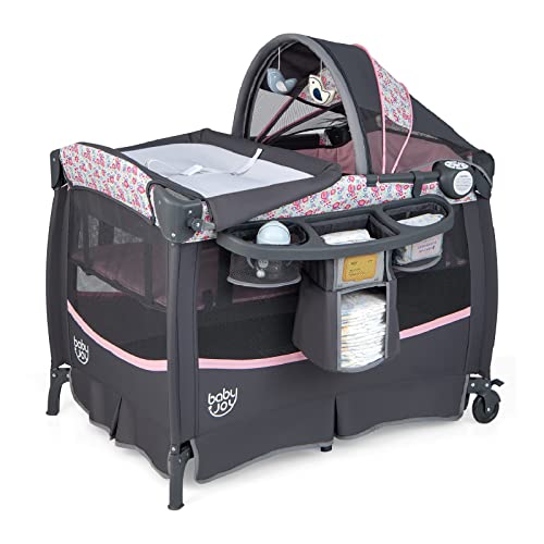Image of BABY JOY 4 in 1 Pack and Play, Portable Baby Playard with Bassinet & Flip-Away Changing Table, Canopy, Infant Bassinet Activity Center with Storage Basket, Oxford Bag from Newborn to Toddlers (Pink)