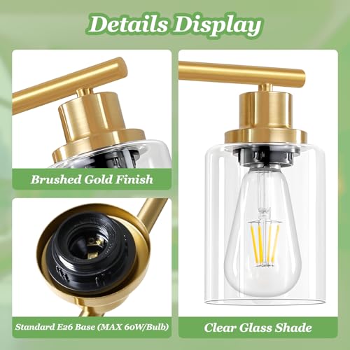 Image of 8-Light Brushed Gold Vanity Lights for Bathroom, Lighting Fixtures Over Mirror with Clear Glass Shade, Modern Kitchen Light Fixtures Wall Lamps Sconce Light - E26 Base