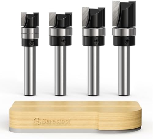 Serestool 4PCS Pattern Flush Trim Router Bits Set with Guide Bearing, 1/4” Shank Straight Cut Flush Trim Pattern Tools, Template Wood Milling Cutter for Trimming