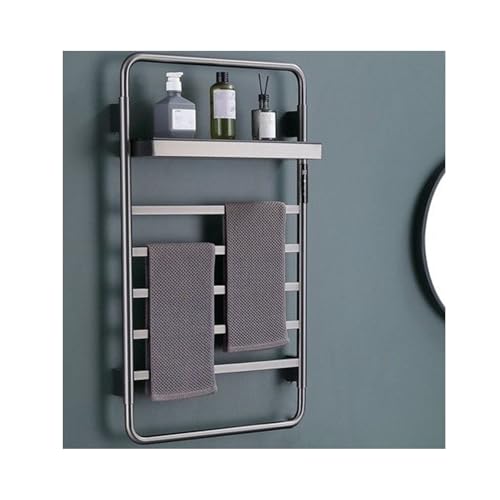Toallero eléctrico de Acero Inoxidable con calefacción por radiador, Color Gris, con Estante Superior y Montaje en Pared para baño.