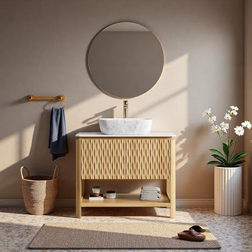 Image of 36 inch Bathroom Vanity with Sink, Freestanding Bathroom Storage Cabinet with Marble-Pattern Ceramic Basin & 2 Bamboo Texture Doors, Floor Stand Vanity Combo with Bottom Open Shelf, Natural