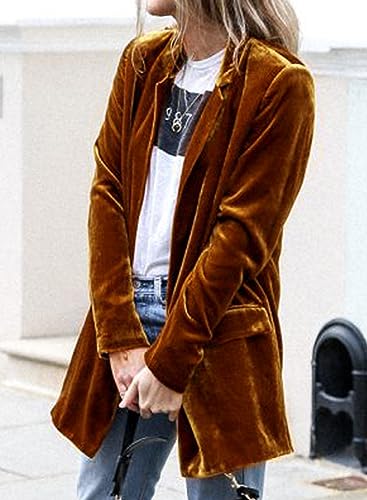 futurino Women's Solid Color Long Sleeve Velvet Jacket Open Front Casual Suit Cardigan Mid-Length Coat2