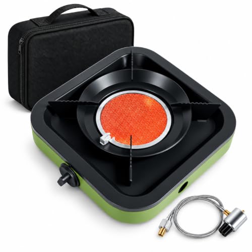 Cothb X Portable Propane Camping Stove, Infrared Single Burner with No Open Flame, Wind-Resistant Outdoor Camp Stove with Gas Hose and Carrying Case