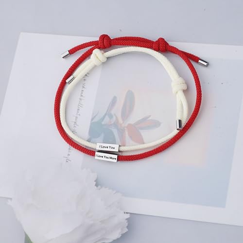 Image of I Love You More Hand Stamped Bracelet Jewelry Gifts for Her Girlfriend Wife Classic Lettering Valentine's Day Gift (red more), adjustable