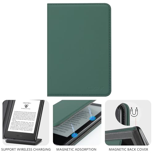 Image of CoBak Case for 6 inch E-Reader - PU Leather Smart Cover with Auto Sleep /Wake & Hand Strap, not Compatible with Kobo Clara,Dark Green