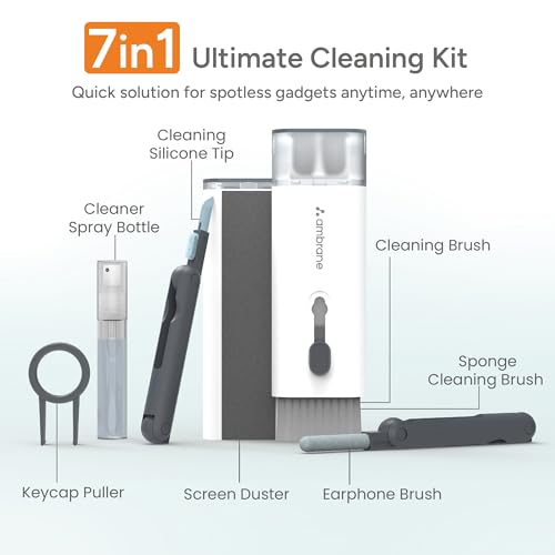 Image of Ambrane 7-in-1 Cleaning Kit | All-in-One Keyboard Cleaning Kit with Brush & Cleaner for Bluetooth, AirPods, Laptop, Tablet, Phone, iPad, Smartwatch, MacBook, Earbuds & PC Accessories (ACK-02 White)