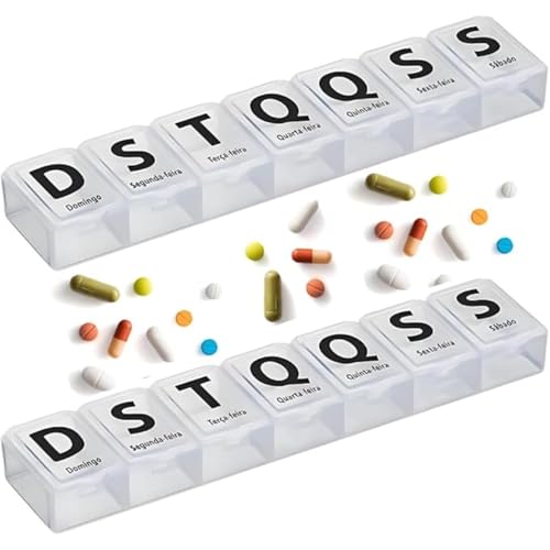 Kit 2 Porta Organizador Semanal de Comprimidos, Medicamentos, Capsulas, Remédios, 7 Compartimentos, Transparente, com Identificação dos Dias da Semana