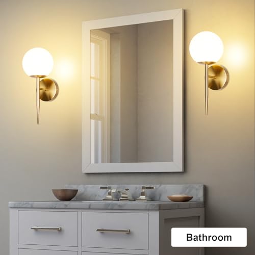 Image of Modern Gold Globe Wall Sconce Decor Set of 2, Industrial Mid Century Bathroom Vanity Wall Light with White Globe Glass Shade Brushed Brass Wall Lamp for Restaurant Living Room Bedside Stairs