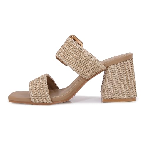 Image of Women's Raffia Slide Sandals Square Open Toe Heeled Sandals Two Strap Mules Slip On Block Chunky Heels Sandals for Women