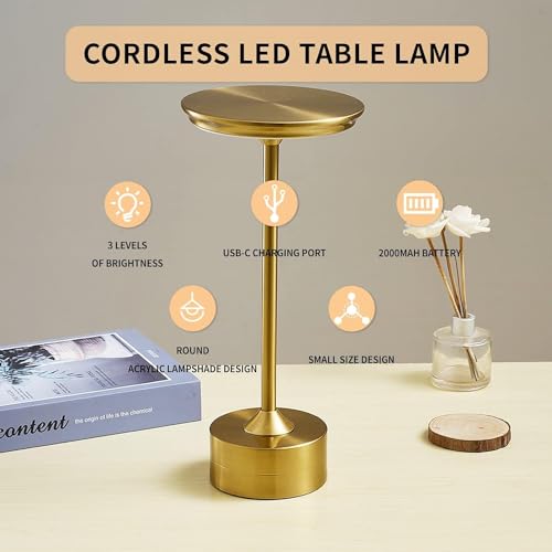 Image of Desidiya Metal Rechargeable Cordless LED Table Lamps Touch Sensor Light, 3-Levels Portable Dimming Wireless Battery Operated Lamp?Nightstand Lamp /Night Light /Restaurant Table /Outdoor /Coffee /Bar (Gold)