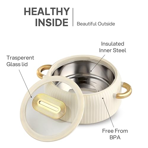 Image of CELLO Castella Deluxe 1500 Insulated Steel Casserole Hot Box for Kitchen 1500 ml, Ivory | Double Wall Airtight Hot Pot Case Keeps Food Hot & Warm for Long Hours, Casserole Set for Roti Rice Biryani