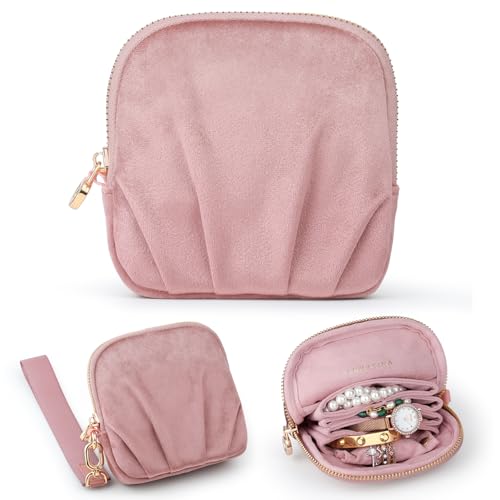 Lumayina Velvet Travel Jewelry Pouch 2-in-1 Clamshell Case with Detachable Insert Portable Travel Jewelry Organizer with Wrist Strap Converts to Mini Coin Purse Gift for Women & Girls (Dusty Pink)